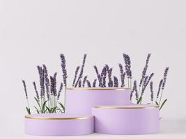 podio púrpura cosmético y fondo para presentación de productos, para revista. flor de lavanda bg - representación 3d - foto