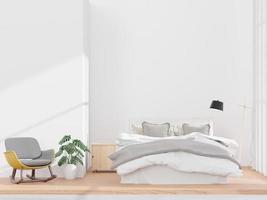 dormitorio y pared blanca, ventana grande, silla pequeña y aparador, estilo minimalista, maqueta y pared de espacio de copia - representación 3d - foto