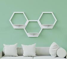 Hexagon wooden shelf, Minimal Japanese style. floating on the wall copy space hexagon, copy space. photo
