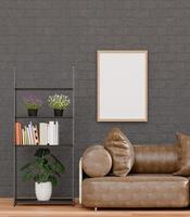 Loft style living room and black brick wall ,mock up frame  and copy space- 3d rendering - photo