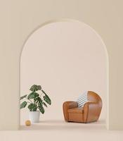 Living room and earth tone,big curve door, leather sofa minimal style ,mock up and copy space wall - 3d rendering - photo