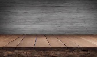 Empty wooden table in front of its background. photo