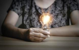 Businesswoman holding a light bulb, Creative new idea. Innovation, brainstorming, solution and inspiration concepts. imagination, creative thinking problem solving. photo