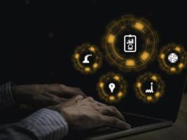 Person holding a tablet technology looking at the graph of pollution reduction or contaminants, toxic substances in industrial plants to obtain an environmental certificate.. photo