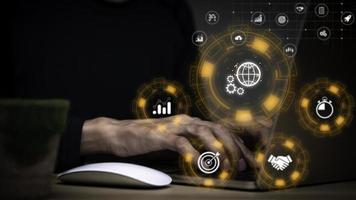 Technology in daily life concept Trading service database connection management on the Internet network around the world , online business , online products, marketing mechanisms marketing mechanism.. photo