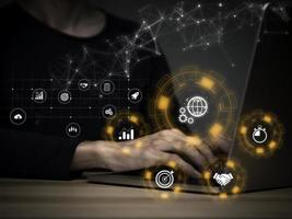Technology in daily life concept Trading service database connection management on the Internet network around the world , online business , online products, marketing mechanisms marketing mechanism.. photo