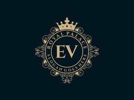 Letter EV Antique royal luxury victorian logo with ornamental frame. vector