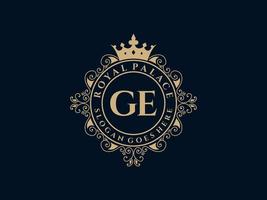 Letter GE Antique royal luxury victorian logo with ornamental frame. vector