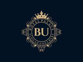 Letter BU Antique royal luxury victorian logo with ornamental frame. vector