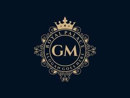 letra gm logotipo victoriano de lujo real antiguo con marco ornamental. vector