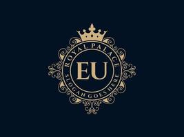 Letter EU Antique royal luxury victorian logo with ornamental frame. vector