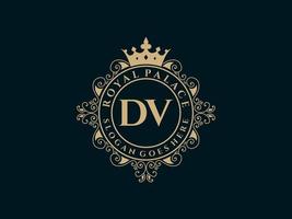 Letter DV Antique royal luxury victorian logo with ornamental frame. vector