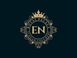 Letter EN Antique royal luxury victorian logo with ornamental frame. vector