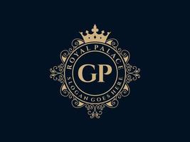 letra gp logotipo victoriano de lujo real antiguo con marco ornamental. vector