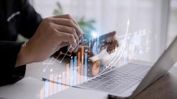 Data Analysis for Business and Finance Concept. Graphic interface showing future computer technology of profit analytic, online marketing research and information report for digital business strategy. photo