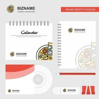 plantilla de calendario de logotipo de pizza diario de portada de cd y plantilla de vector de diseño de paquete estacionario de marca usb