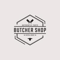 Vintage Retro Badge Emblem Crossed Cleaver Knife with Angus Head for Butcher shop Logo Design Linear Style vector