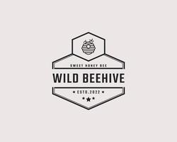 Vintage Retro Badge Emblem Honey Bee Hive Logo Design Linear Style. Vector Illustration