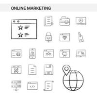 estilo de conjunto de iconos dibujados a mano de marketing en línea aislado en vector de fondo blanco