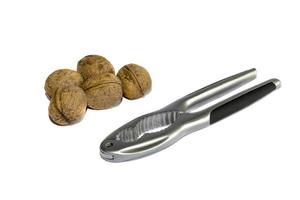 Group of walnuts and nutcracker, isolated on white background photo