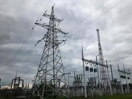 Power equipment of a power plant with a high-voltage line of wires and a transformer substation against a cloudy cloud background