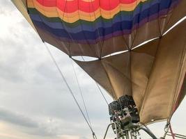 Large powerful metal iron burners, thermal hair dryers with a fire to heat hot air in a large multi-colored bright round rainbow colored striped flying balloon. The background photo