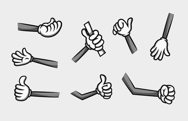 collection of black and white cartoon hands in different poses for mascot artist