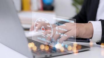 Fast internet connection with Metaverse technology concept, Hand holding smartphone and Virtual screen of Internet speed measurement, Internet and technology concept, 5G Hi speed internet concept photo