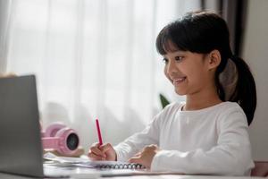 Asian schoolgirl doing her homework with laptop at home. Children use gadgets to study. Education and distance learning for kids. Homeschooling during quarantine. Stay at home photo