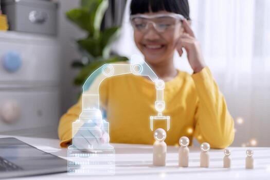 niña asiática construyendo proyecto de brazo robot en casa. tecnología de programación robótica y concepto de educación de tallos. foto