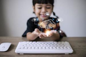 Icon cloud computing network and icon connection data information. Cloud computing and technology concept. photo