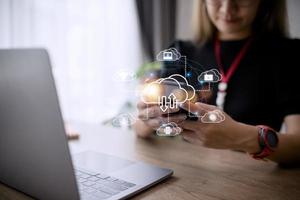 Icon cloud computing network and icon connection data information. Cloud computing and technology concept. photo