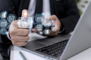 Fingerprint scanning and biometric authentication. system for document management DMS. software that automates the archiving and management of data files. concept of Internet technology. photo