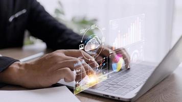 Analyst working with Business Analytics and Data Management System on computer, make a report with KPI and metrics connected to database. Corporate strategy for finance, operations, sales, marketing. photo