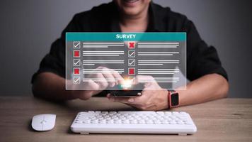 Survey form concept. Check marks on checklist and Filling online form or answering questions. Customer Experiences and satisfaction concept. photo