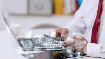 Fingerprint scanning and biometric authentication. system for document management DMS. software that automates the archiving and management of data files. concept of Internet technology. photo