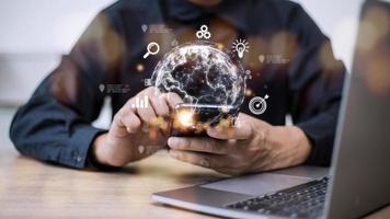 People use mobile smartphones. Business global internet connection application technology and digital marketing, Financial and banking, Digital link tech, big data. photo