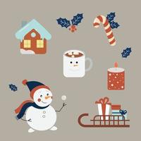 Winter set. Snowman, New Year's gingerbread house, Christmas toy, cocoa with marshmallows in a mug, sledge with gifts.Christmas collection with seasonal elements. vector