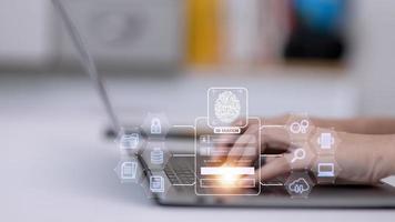 Fingerprint scanning and biometric authentication, processing of biometric for access personal data. surveillance and security scanning of digital programs cyber futuristic applications photo