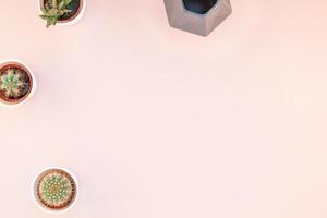 Top view of small pots with decorative cactuses photo