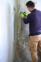 The man uses a spatula to remove mold and fungus on the wall. photo