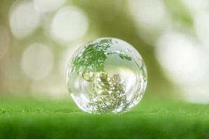 primer plano del globo de cristal descansando sobre la hierba en un bosque - concepto de medio ambiente. ambiental, social y de gobernanza en negocios sostenibles y éticos sobre fondo verde. foto