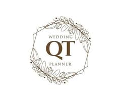 QT Initials letter Wedding monogram logos collection, hand drawn modern minimalistic and floral templates for Invitation cards, Save the Date, elegant identity for restaurant, boutique, cafe in vector