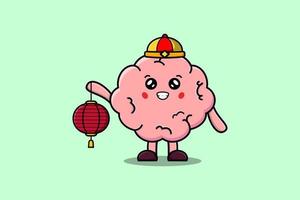 Cute cartoon Brain chinese character hold lantern vector