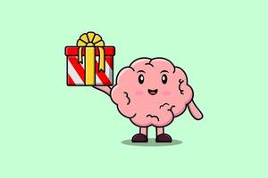 Cute cartoon Brain character holding gift box vector