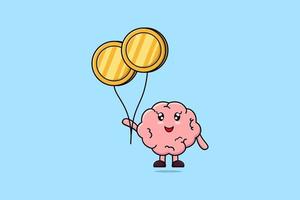 cerebro de dibujos animados lindo flotando con globo de moneda de oro vector