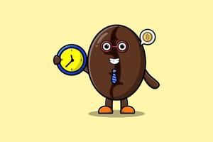 lindo personaje de dibujos animados de granos de café con reloj vector