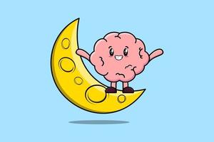 Cute cartoon Brain standing on the crescent moon vector