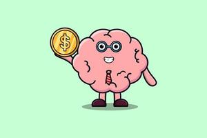 Cute cartoon Brain businessman holding gold coin vector