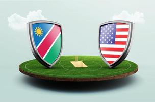 banderas de cricket de namibia vs usa con escudo en el estadio de cricket ilustración 3d foto